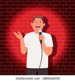 Stand up comedian performance. Comedy show. A man with a microphone in his hands tells funny stories in public. Vector illustration in flat style