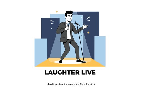 Stand up comedian performing on stage with a microphone under a bright spotlight for a laughter live comedy show.