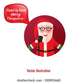 Stand Up Comedian Show. Santa Claus Smiling And Laughing Standing With A Microphone. Avatar.  Christmas And New Year's Concept. Vector Illustration Of A Modern Hipster Isolated On White Background.