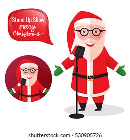 Stand up comedian show. Santa Claus smiling and laughing standing with a microphone. Full length and avatar. Vector illustration on white background. Christmas and New Year's concept.