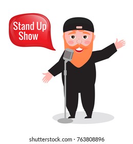 Stand Up Comedian Show. Santa Claus Smiling And Laughing Standing With A Microphone. Full Length And Avatar. Vector Illustration On White Background. Christmas And New Year's Concept.