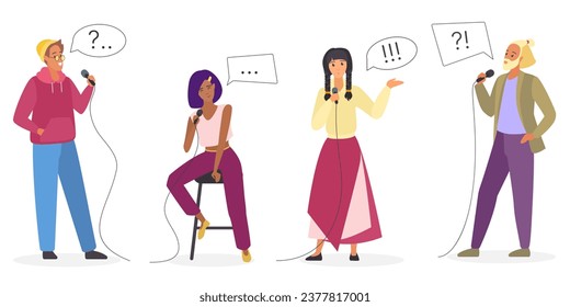 Stand up comedians set vector illustration. Cartoon isolated male and female comic characters standing or sitting, holding microphone to speak monologue and jokes, punctuation in speech bubbles