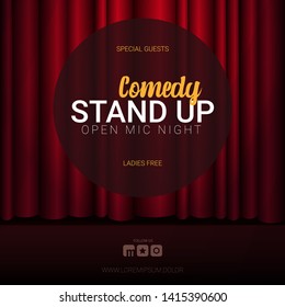 Stand Up Comedy banner with Red curtains background with spotlight