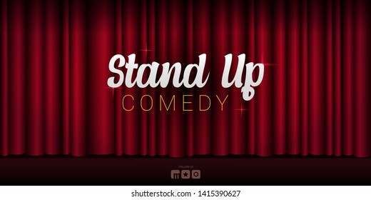 Stand Up Comedy banner with Red curtains background with spotlight