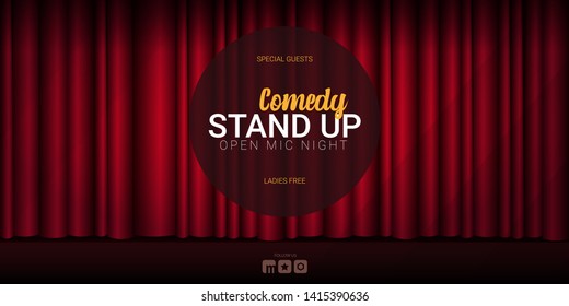 Stand Up Comedy banner with Red curtains background with spotlight