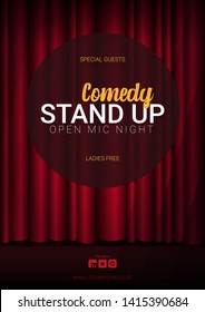 Stand Up Comedy banner with Red curtains background with spotlight