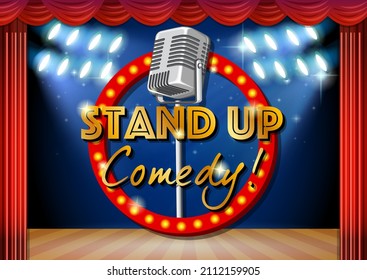 Stand up comedy banner with red curtains background illustration