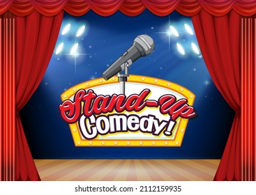 Stand up comedy banner with stage red curtain background illustration