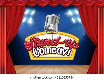 Stand up comedy banner with vintage microphone illustration