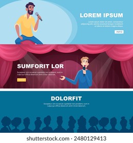 stand up comedy. banners with speakers speaking in microphone comedians characters