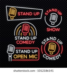 Stand Up Comedy Bright Neon Vector Signs. Comedy Stand Up Emblem, Label For Signboard Comedian Club Illustration