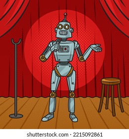 Stand up comedy comedian comic robot pinup pop art retro vector illustration. Comic book style imitation.