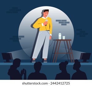 Stand up comedy concept. Man with microphone at scene and stage. Humorous and jokes. Cultural rest and leisure, entertainment event. Standuper at comedian show. Cartoon flat vector illustration