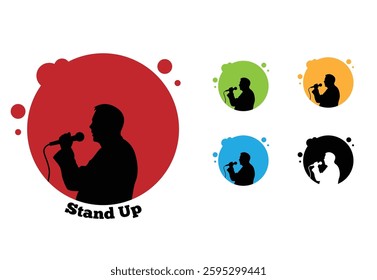 Stand Up Comedy Emblem Man with Microphone Talking. People and activities, performance on stage concept vector art