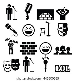 Stand up comedy, entertainment, people laughing icons set 