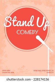 Stand Up Comedy Event Poster. Retro Style Vector Illustration With Pink Circle, White Silhouette Of Microphone And Text. 