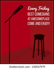 Stand Up Comedy Event Poster. Retro Style Vector Illustration With Black Silhouette Of Microphone And Bar Chair.