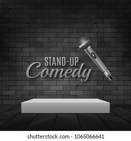 Stand Up Comedy Event Poster. Vector Microphone Illustration. Concert Comedy Show With Stage.