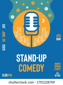 Stand Up Comedy flat style vector illustration performance show poster design with place for your text. Vector open stage mic event illustration. Stand up comedy show flyer, poster, background, banner