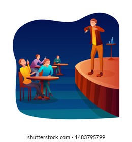 Stand Up Comedy Flat Vector Illustration. Professional Comedian And Laughing Audience Cartoon Characters. Funny Man With Microphone Telling Jokes. Live Stage Performance In Club. Entertainment Show