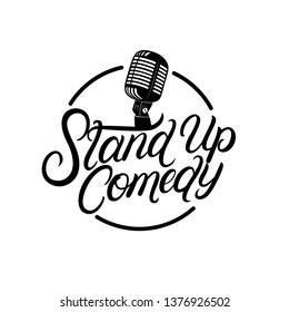 Stand Up Comedy Hand Written Lettering With Retro Microphone. Logo, Sign, Symbol. Vector Illustration.