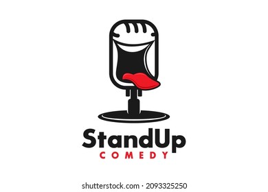 Stand Up Comedy logo design Funny Smiling Microphone Face with bow tie and tuxedo suit