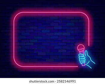 Stand up comedy neon advertising. Empty pink frame and hand with microphone. Vector stock illustration
