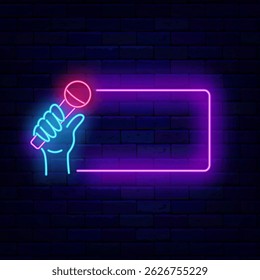 Stand up comedy neon advertising. Interview sign. Empty purple frame. Hand with microphone. Vector stock illustration