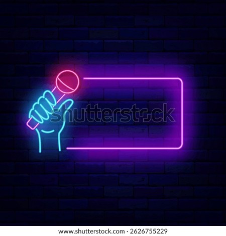 Stand up comedy neon advertising. Interview sign. Empty purple frame. Hand with microphone. Vector stock illustration