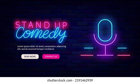 Stand up comedy neon flyer. Microphone icon. Comedian show. Website landing page template. Light sign. Party label. Outer glowing effect banner. Shiny greeting card. Vector stock illustration