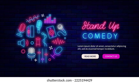 Stand up Comedy neon flyer. Website landing page template. Glowing circle layout with icons. Comic show concert. Microphone, column and sound waves. Shiny greeting card. Vector stock illustration
