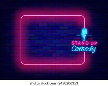 Stand up comedy neon invitation. Comic concert. Greeting card. Empty pink frame and typography with microphone. Party and humor show. Glowing flyer. Editable stroke. Vector stock illustration