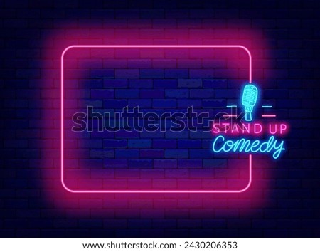 Stand up comedy neon invitation. Comic concert. Greeting card. Empty pink frame and typography with microphone. Party and humor show. Glowing flyer. Editable stroke. Vector stock illustration