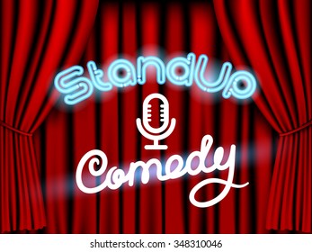 stand up comedy neon lettering live stage with red curtain