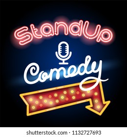 stand up comedy neon lettering with red arrow