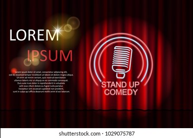 Stand up comedy with neon microphone sign and red curtain backdrop. Comedy night stand up show or karaoke party. Vector illustration