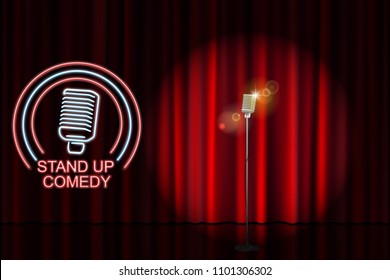 Stand Up Comedy With Neon Microphone Sign And Red Curtain Backdrop. Comedy Night Stand Up Show Or Karaoke Party. Vector Illustration