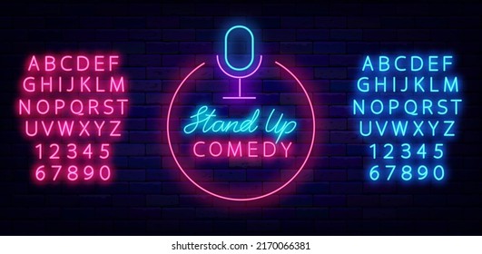 Stand up comedy neon sign. Circle label. Shiny blue and pink alphabet. Humorous performance. Laughter concert. Light signboard. Outer glowing effect. Editable stroke. Vector stock illustration