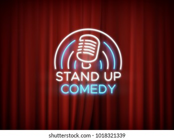 Stand up comedy neon sign with microphone and red curtain vector background. Comedy show stand up, microphone and entertainment illustration