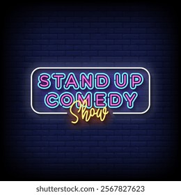 stand up comedy neon sign style with brick wall background vector