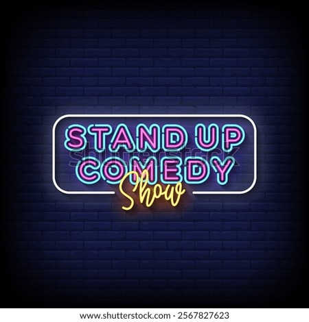 stand up comedy neon sign style with brick wall background vector