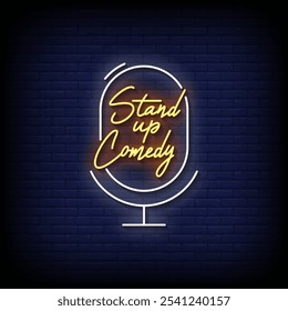 stand up comédia neon sinal vetor com fundo de parede de tijolos