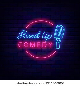 Stand up comedy neon signboard. Circle frame with microphone. Comic night. Light sign. Party label. Glowing banner. Editable stroke. Vector stock illustration