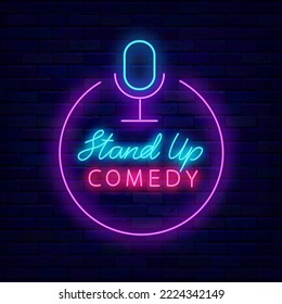 Stand up comedy neon signboard. Humorous performance. Laughter concert. Light signboard. Label for show. Outer glowing effect. Editable stroke. Vector stock illustration