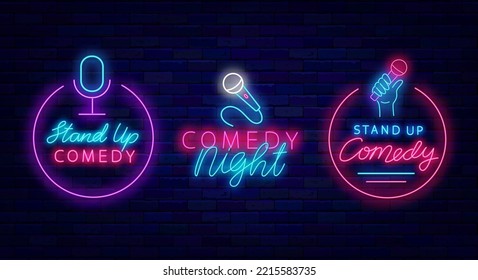 Stand up comedy neon signboards collection. Comic night show. Light signs pack. Party label. Outer glowing effect banners. Editable stroke. Vector stock illustration