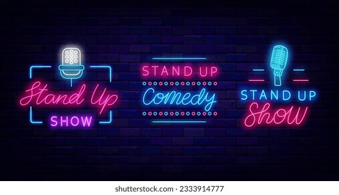 Stand up comedy neon signboards collection. Frame with microphone. Comic night show. Light signs set. Party labels. Glowing banner. Editable stroke. Vector stock illustration