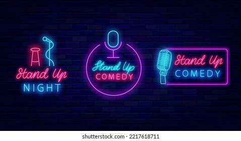Stand up comedy neon signboards pack. Comic show labels collection. Light signs set. Party badge. Outer glowing effect banners. Editable stroke. Vector stock illustration