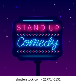 Stand up comedy neon street billboard. Shiny dusk advertising. Comic show. Light sign. Party label. Outer glowing effect banner. Editable stroke. Vector stock illustration