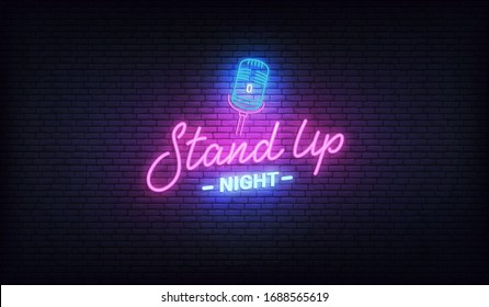 Stand up comedy neon template. Stand up lettering and glowing neon microphone