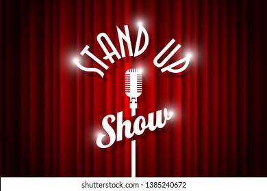 Stand up comedy night live show open mic on empty theatre stage. Vintage microphone against red curtain backdrop. Retro vector art image illustration. EPS 10